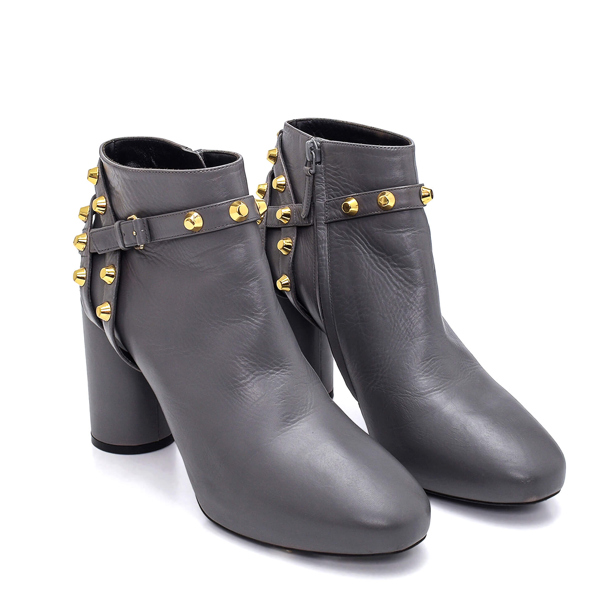 Balenciaga - Grey Leather Studded Strap Valencia Ankle Boots